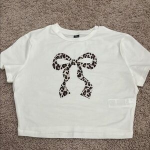 SHEIN White and Brown Short Sleeve Tee with Bow Design